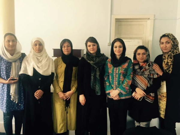 2016-17 Board of Directors for the Afghanistan PEACE THROUGH BUSINESS® Network: From Left – Homa Usmany, Bayani Salimi, Fahkria Ebrahimi, Sadaf Sadat (Vice President), Zahra Jafar (President), Muzhda Ehsan and Razia Aseman. Not Pictured: Lina Shafaq, Herat Province (Vice President in charge of Provinces). – September 2016, Kabul